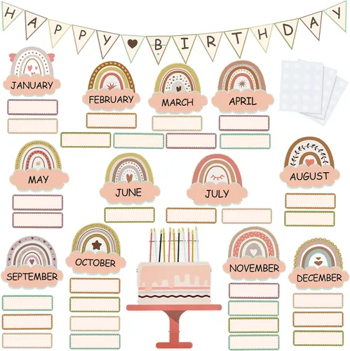 Vista 7 de 60 Piezas de Decoración Bohemia para Aula, Juego de Decoraciones para Tablón de Anuncios de Cumpleaños, Decoración de Tablón de Anuncios Arcoíris