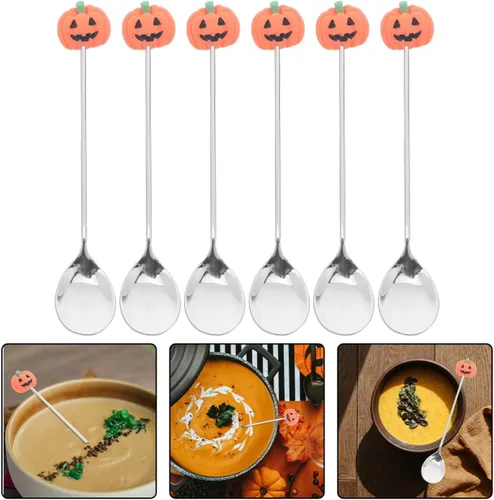 Vista 3 de UPKOCH Juego de 6 cucharas de calabaza de Halloween con forma de calabaza de acero inoxidable para café y postre de 4.9 pulgadas, utensilios