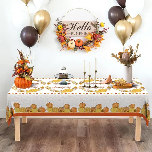 Vista 7 de ATFUNSHOP Mantel de Acción de Gracias, paquete de 2 manteles desechables de 54 x 108 pulgadas, suministros para fiestas, calabazas, hojas de otoño