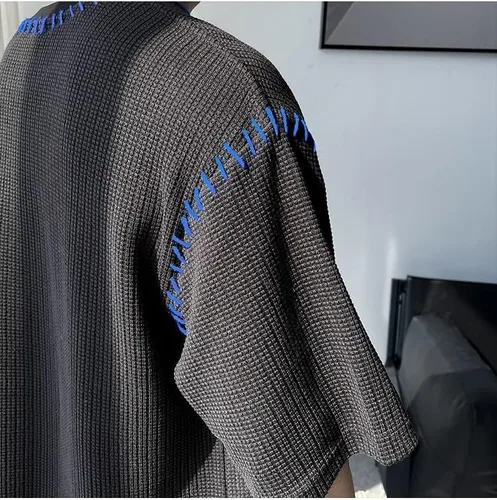 Vista 4 de LLLY Camisetas de verano para hombre de costura manual, camiseta de manga corta de gran tamaño, ropa de calle, para hombres y mujeres, camisetas