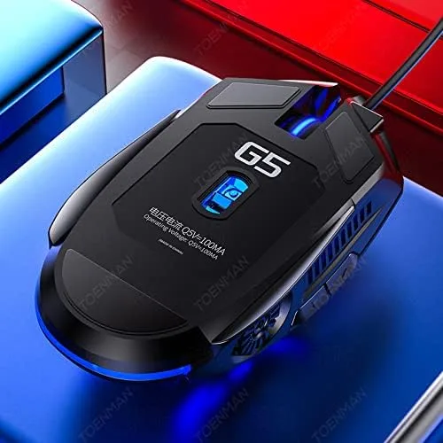 Vista 7 de Mouse para juegos con cable, 6 botones, 4 DPI ajustables hasta 3200 DPI, 7 luces LED circulares y de respiración, mouse multifunción con cable
