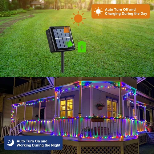 Vista 4 de QITONG Paquete de 2 luces solares de Navidad multicolor, cada cadena de 100 luces LED de 33 pies para exteriores, impermeable, 8 modos de cable