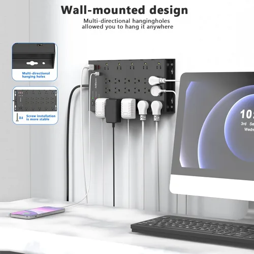 Vista 7 de JcBlaon - 22 salidas y 6 USB Big Power Strip, protector de sobretensiones con 3USB C y 3USB A puertos de carga, cable de extensión de enchufe plano