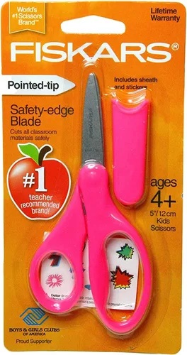 Vista 2 de Tijeras con punta puntiaguada de 5 pulgadas para niños, color morado con funda, Rosado