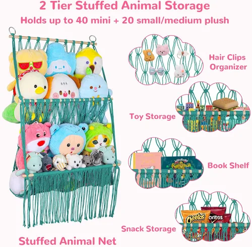 Vista 6 de Red de almacenamiento de animales de peluche de 2 niveles, 17 x 32 pulgadas, organizador grande de animales de peluche para pequeños rellenos