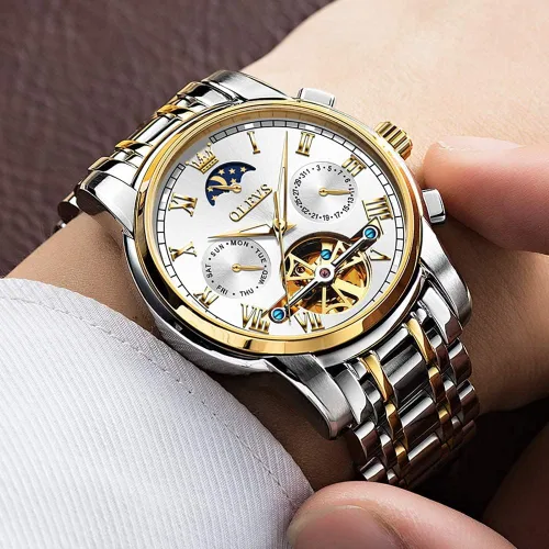 Vista 4 de OLEVS Relojes automáticos para hombre diseño de esqueleto Tourbillon cuerda automática reloj de pulsera de lujo fase lunar fecha impermeable