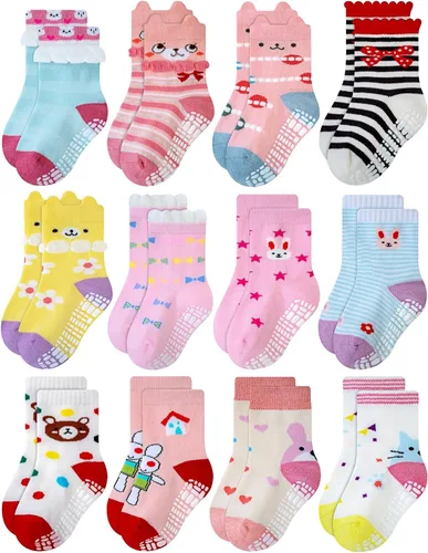 Vista 8 de RATIVE Calcetines de algodón antideslizantes antideslizantes con puños para bebés, niños y niñas