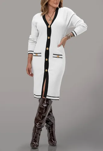 Vista 3 de Viottiset Vestido de punto midi ajustado con cuello en V para mujer, con botones, cárdigan largo, con bolsillo