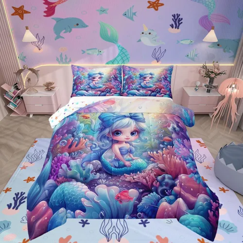 Vista 26 de Castle Fairy Juego de edredón de unicornio tamaño individual, reversible, lindo unicornio, arcoíris, caricatura, caballos, animales, para niños