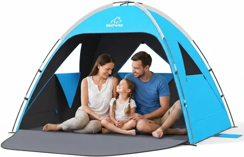 Vista 11 de Wolfwise Tienda de playa Refugio de sol portátil, Cabaña estándar de la Shade Beach Essentials, protección UV UPF 50+ y fácil instalación, ventanas