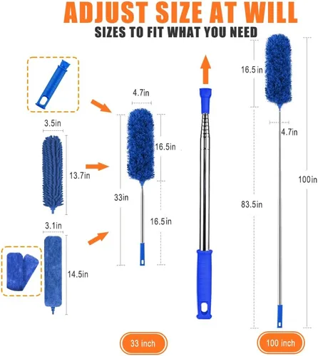 Vista 2 de Plumeros profesionales de microfibra para limpieza, 6 plumeros extensibles y flexibles con poste telescópico de 100 pulgadas, kit de limpieza