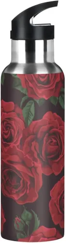Vista 8 de Botella de agua con mango de pajilla, rosa roja aislada al vacío, termo de acero inoxidable, botella de agua, a prueba de fugas, taza de café