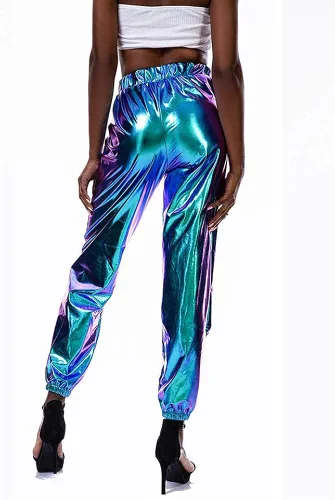 Vista 5 de Kaipiclos Pantalones deportivos reflectantes para mujer, metálicos, brillantes, estilo hip hop, harem, leggings holográficos (azul, 2XL), Azul