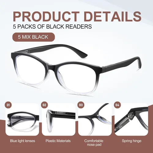 Vista 7 de Gafas de lectura para hombres y mujeres, rectangulares, para lectura de computadora, bisagra de resorte 5 Lector de mezcla