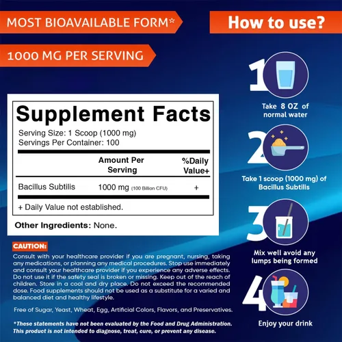 Vista 2 de Vitamatic Bacillus Subtilis Pure Powder - Polvo probiótico - Salud intestinal - 3.53 oz - 100 porciones