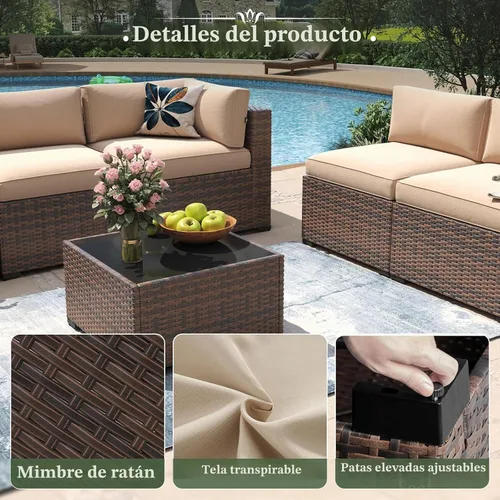 Vista 4 de Aoxun - Juego de 7 piezas de muebles de patio de mimbre de ratán, conjunto de sofá modular para conversación de patio con mesa de café y cojines