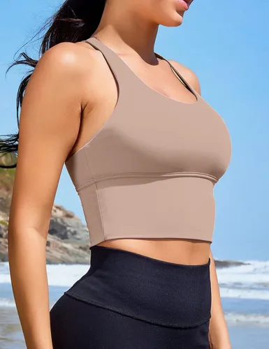 Vista 3 de Sujetadores deportivos para mujer, camisetas cortas de línea larga, camisetas sin mangas, camisola para gimnasio, yoga, entrenamiento, correr