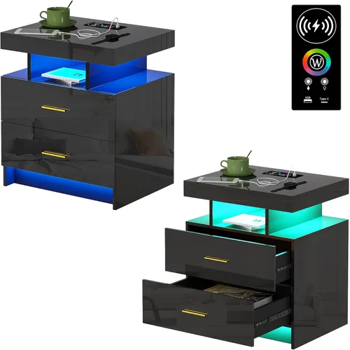 Vista 20 de HNEBC Mesita de noche negra con 3 cajones y estación de carga inalámbrica y negro (91016-1pcs-Black)