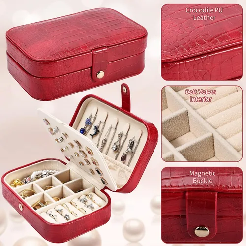 Vista 3 de Dajasan Mini estuche de viaje de joyería, caja de joyería de viaje portátil, caja organizadora de joyas de cuero pequeña para aretes, pulseras