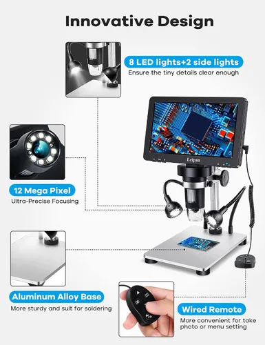 Vista 10 de Microscopio digital LCD de 7 pulgadas 1200X, microscopio Leipan de moneda de 12 MP con pantalla para adultos, microscopio de video 1080P con tarjeta