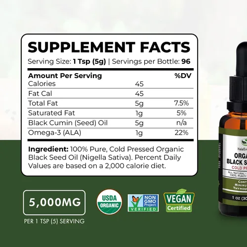 Vista 2 de Aceite orgánico de semilla negra – Botella de vidrio prensado en frío certificado por USDA, más de 1.5% timoquinona, 3 veces más de fuerza de comino
