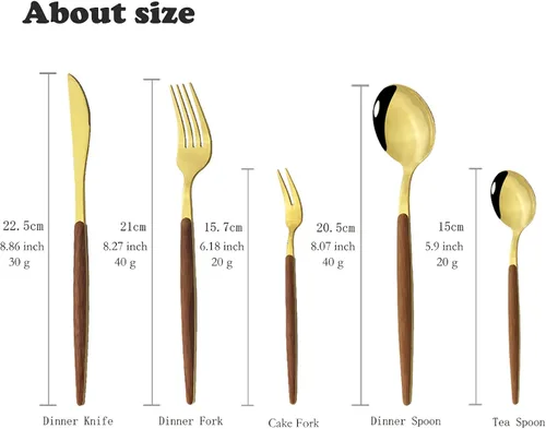 Vista 3 de JASHII Juego de cubiertos de madera de acero inoxidable de 20 piezas, mango de madera, cuchillo tenedor, cuchara, utensilios de cocina para 4