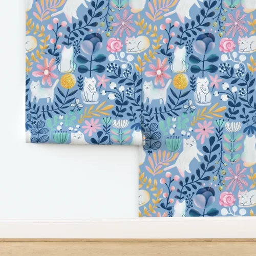 Vista 4 de Spoonflower Papel tapiz para despegar y pegar, papel tapiz extraíble personalizado de gatos de primavera con diseño de gatos florales