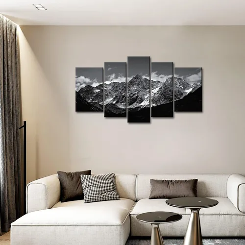 Vista 2 de Lienzo decorativo para pared, diseño de montaña en blanco y negro, paisaje de montaña, 5 piezas, impresiones sobre lienzo, arte moderno con marco