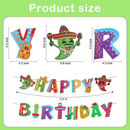 Vista 2 de Juego de 2 pancartas mexicanas de feliz cumpleaños, guirnalda de fiesta de cumpleaños, decoración de fondo para fiesta temática mexicana, fiesta