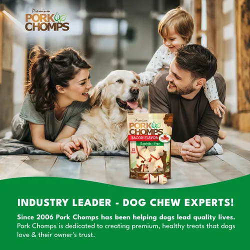 Vista 6 de Pork Chomps Masticables para perros de piel de cerdo horneada, mini nudos de 2.5 pulgadas, tira sabor tocino, 12