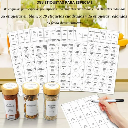 Vista 4 de AISIPRIN - 24 frascos de vidrio para especias con 398 etiquetas, frascos redondos de 118 ml para condimentos con tapas herméticas de bambú, juego