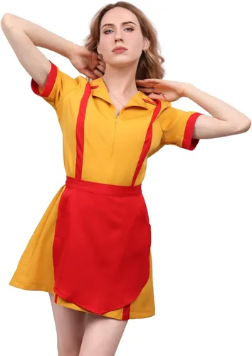 Vista 3 de DAZCOS Disfraz de camarera para mujer, talla estadounidense, uniforme amarillo, fiesta, Halloween, Navidad, cosplay