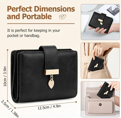 Vista 5 de HUANLANG Carteras pequeñas para mujer, con bloqueo Rfid, de cuero, plegable, tarjetero para tarjetas de crédito, cartera para mujer, bolsillo