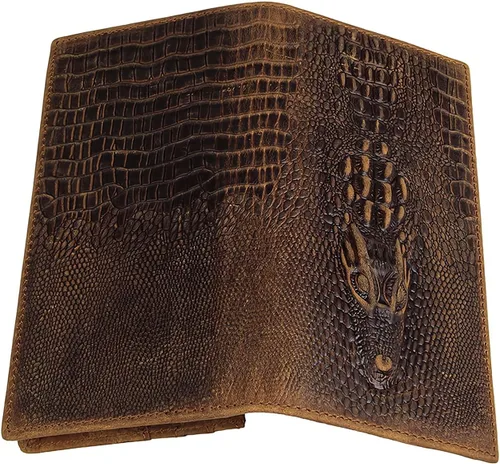 Vista 3 de Cartera larga para hombre, doble pliegue, piel de vaca de grano superior, estampado de cocodrilo, múltiples ranuras para tarjetas., Marrón, Vogue