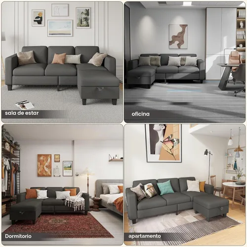 Vista 6 de Sofá modular para sala de estar, sofá en forma de L, pequeño modular de 3 asientos, cómodo lino con almacenamiento de asiento profundo, fundas