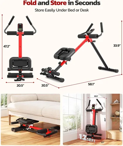 Vista 7 de Yoleo Máquinas de abdominales y remo 2 en 1 para el hogar, equipo de entrenamiento de abdominales plegable, máquina de entrenamiento abdominal