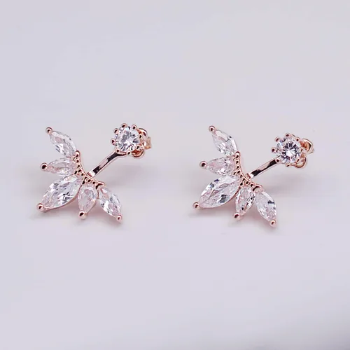 Vista 3 de megko aretes con pasador a rosca, diseño de plumas y hojas, con cristales transparentes, moderno, para mujer