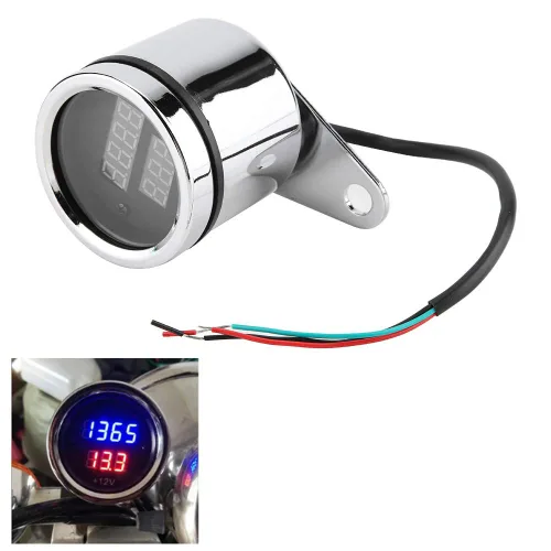 Vista 6 de Tacómetro electrónico, 2 en 1 motocicleta LED digital voltímetro tacómetro medidor de metal odómetro velocímetro