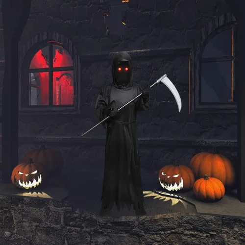 Vista 5 de Grim Reaper - Disfraz de Halloween con ojos rojos brillantes y guadaña para niños y niñas disfraz espeluznante fantasma para Halloween y cosplay
