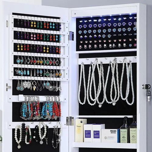 Vista 6 de GISSAR Armario de joyería con espejo de 6 LED, organizador de joyas montado en la paredpuerta con espejo de longitud completa, gabinete colgante