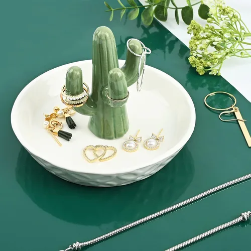 Vista 3 de Soporte para anillos de cactus de cerámica para joyas, decoración de cactus para amiga, hermana, cumpleaños, boda, aniversario, novia, compromiso