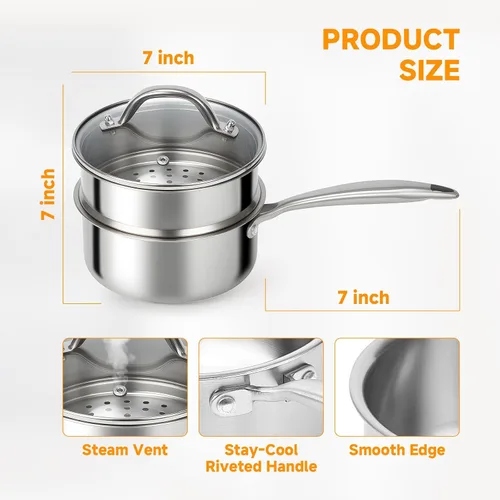 Vista 5 de Ohtomber Cacerola de Acero Inoxidable - Vaporera Tri-Ply de 1.5 Cuartos para Cocinar, Olla Pequeña de Cocción con Canasta Vaporera, Cacerola