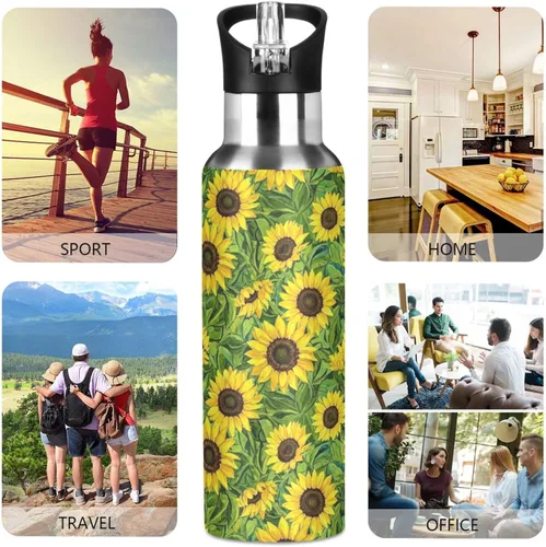 Vista 5 de Botella de agua aislada de 32 onzas, botellas de agua a prueba de fugas para gimnasio, viajes al aire libre, escuela, girasoles hojas verdes