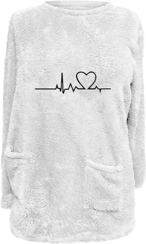 Vista 4 de SIUMOPA Women's Love Graphic Printed Flannel Sweatshirt Oversized Easy Fit Blouse Shirt Plus Size Long Sleeve Sweater Pocket
