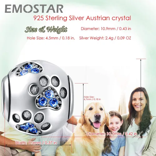 Vista 2 de Abalorio con estampado de huella de perro con varios cristales de piedra natal, cuentas de plata de ley 925 para cadena de serpiente de 0.118in