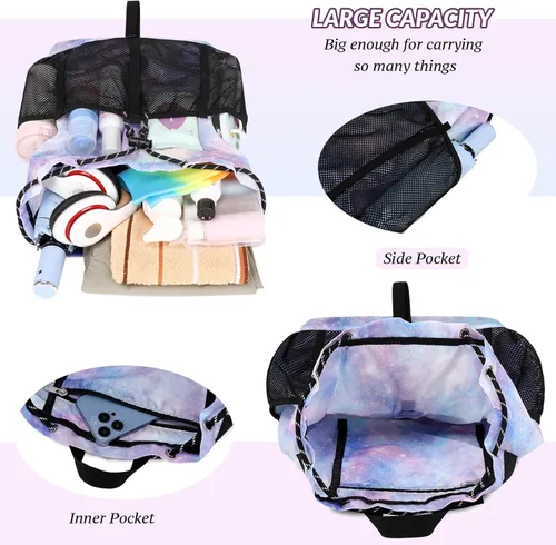 Vista 6 de Lohol Mochila de malla con cordón con bolsa de zapatos, saco de cuerda de natación duradero con asa para deportes, gimnasio, yoga, playa, viajes