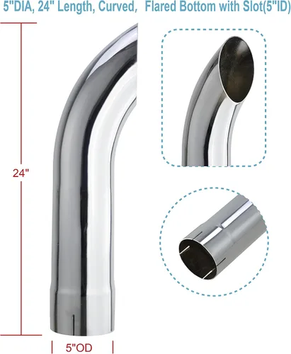 Vista 2 de Tubo de escape cromado de 5" de diámetro, 24" de longitud curvado, parte inferior acampanada con ranura