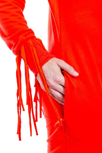 Vista 4 de Tipsy Elves Divertido disfraz de Halloween rojo y amarillo traje de tubo inflable inspirado en el hombre para mujer