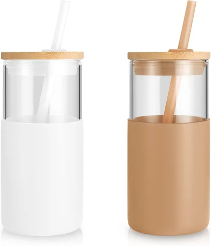 Vista 14 de Tronco Vaso de vidrio de 28 onzas con tapas y pajilla, taza reutilizable para café helado y vaso para batidos con tapa de bambú, funda de silicona