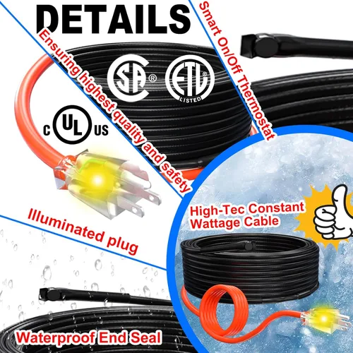 Vista 8 de Tubo, cable térmico con termostato Heat It HISD, 6 pies, negro